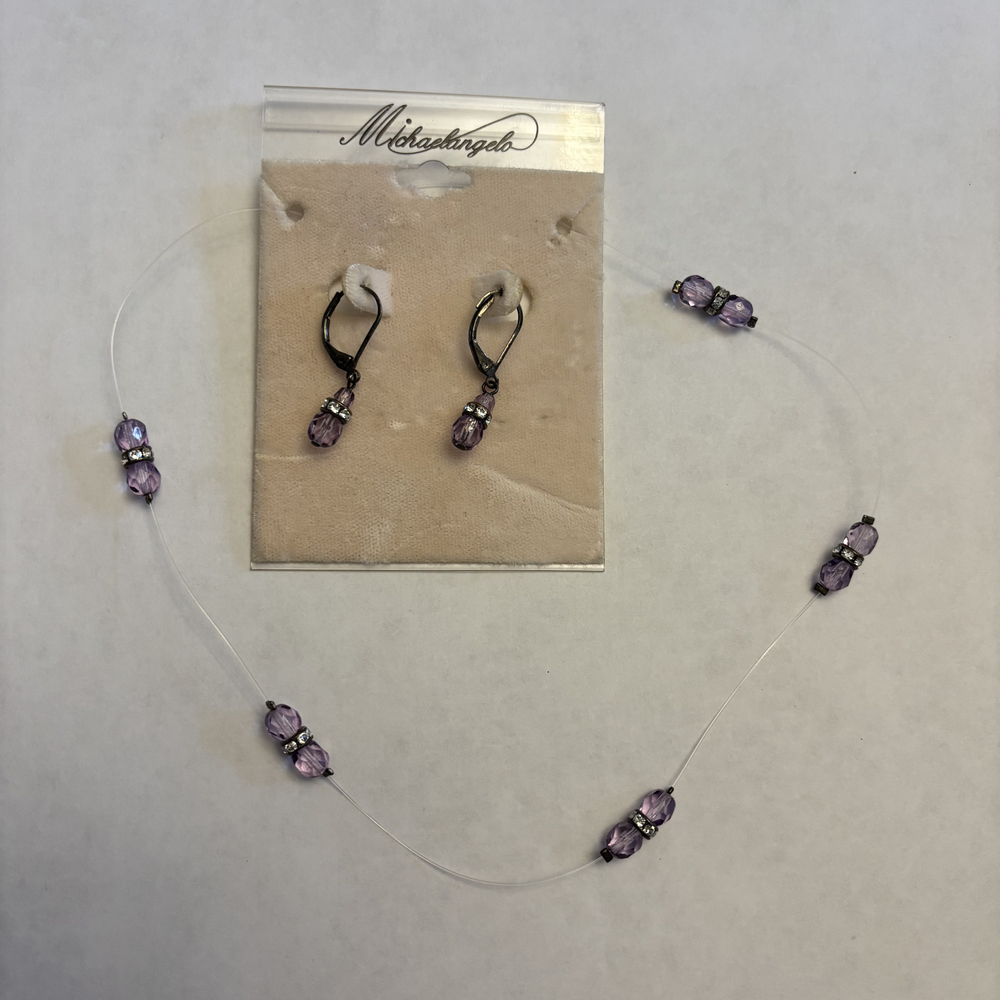 Michaelangelo Purple Crystal Bead Floating Chain & Earring Set NWT